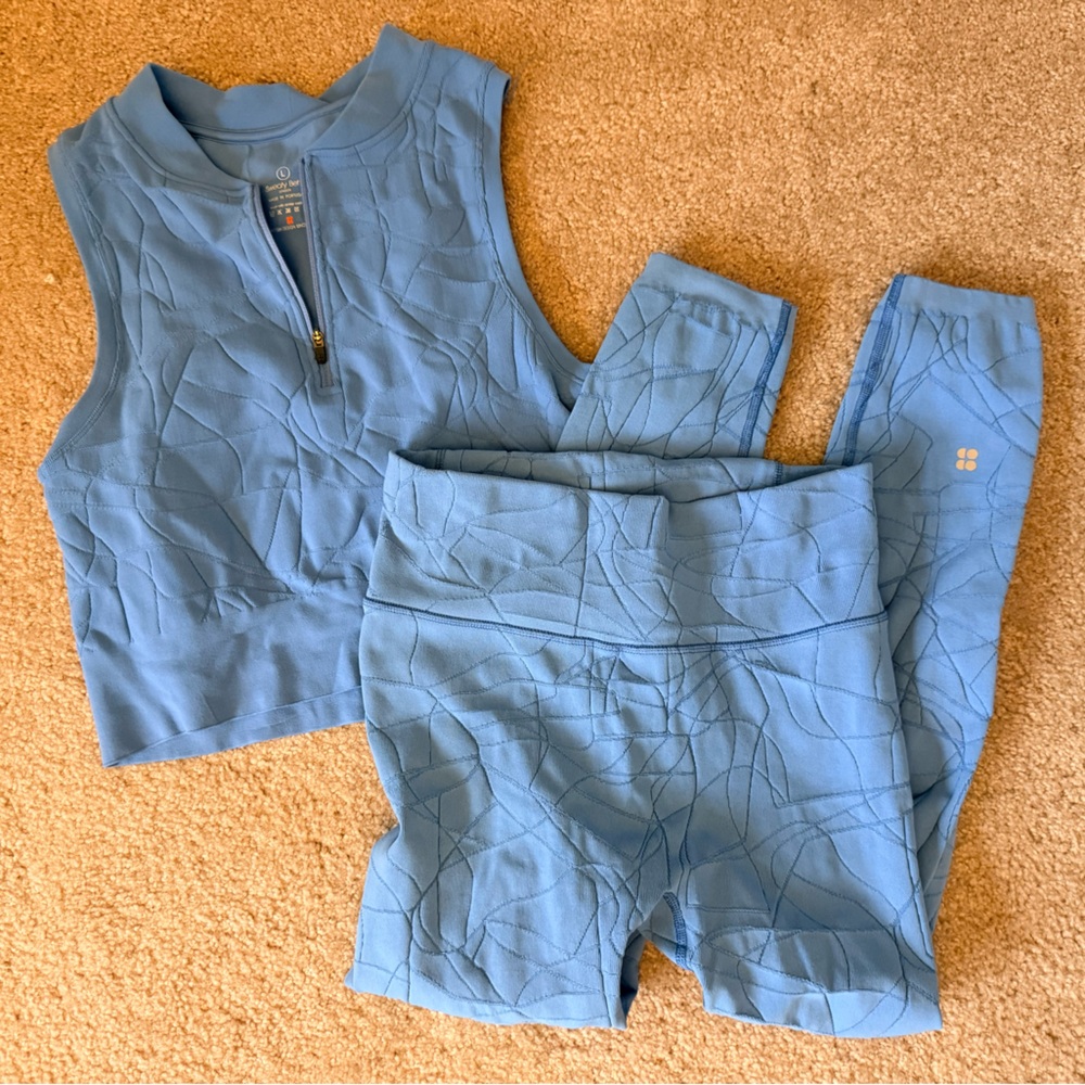 Sweaty Betty Textured Yoga SET Blue 1/4 Zip Crop Tank M + High Waist Leggings L